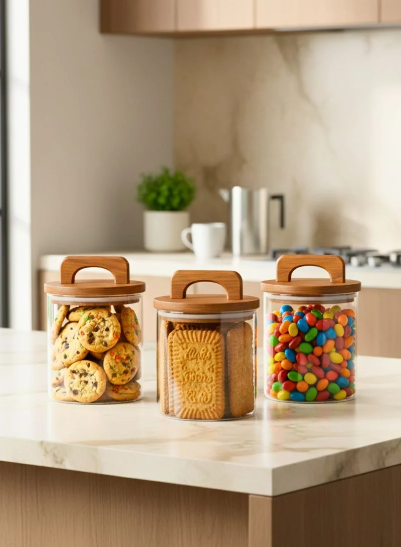 1Chase Borosilicate Glass Storage Jars with Airtight Acacia Wood Lid – Set of 3 (800ML) | Handmade Canisters for Kitchen Pantry, Pasta, Coffee, Snacks & Dry Food